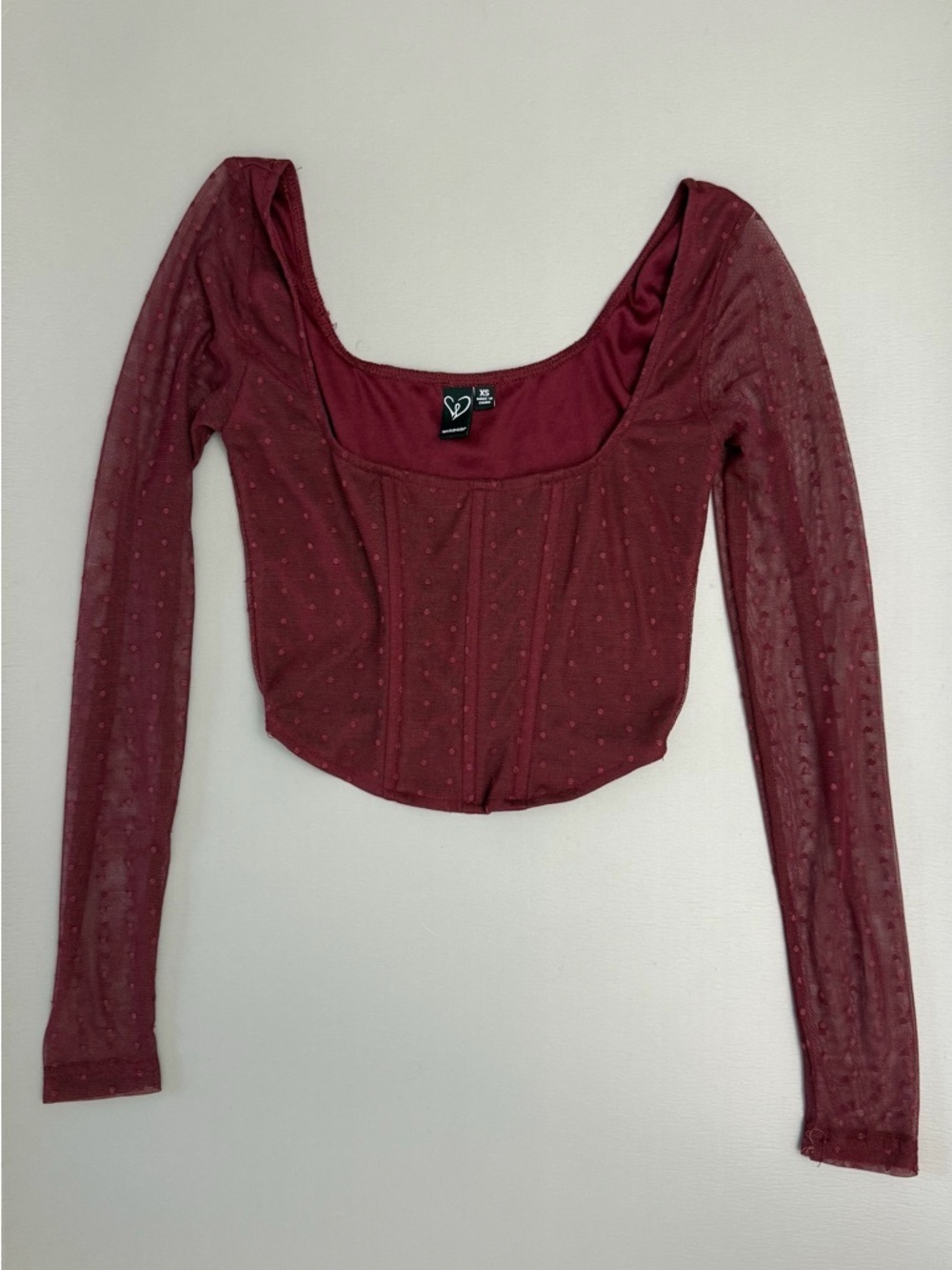 Windsor Mesh Corset Top Burgundy Long Sleeve Women XS Nylon Spandex